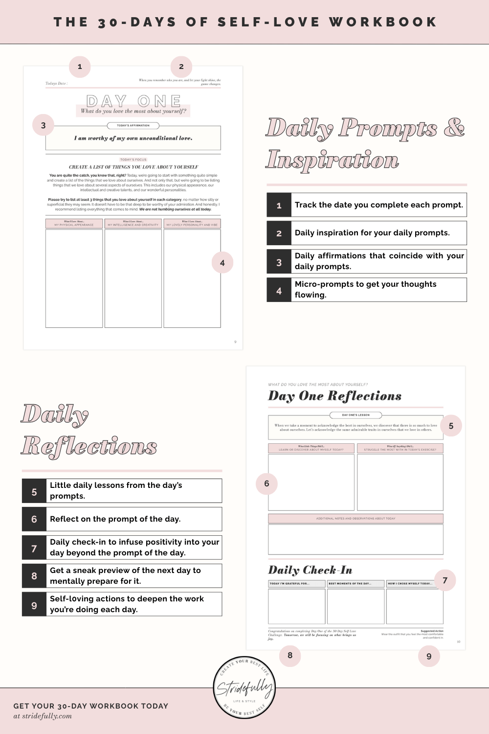 A preview of the 30-Day Self-Love Workbook showing the interior page layout, including sections for daily inspiration, affirmations, micro-prompts, and reflection spaces.