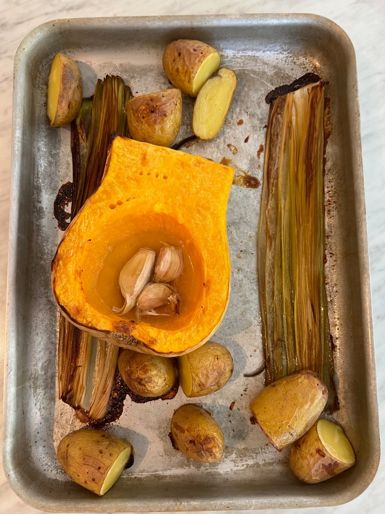 Caramelized pumpkin leak and potatoes for this roasted pumpkin and potato soup. 