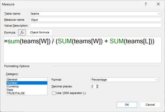 Calculate winning percentage in Power Pivot