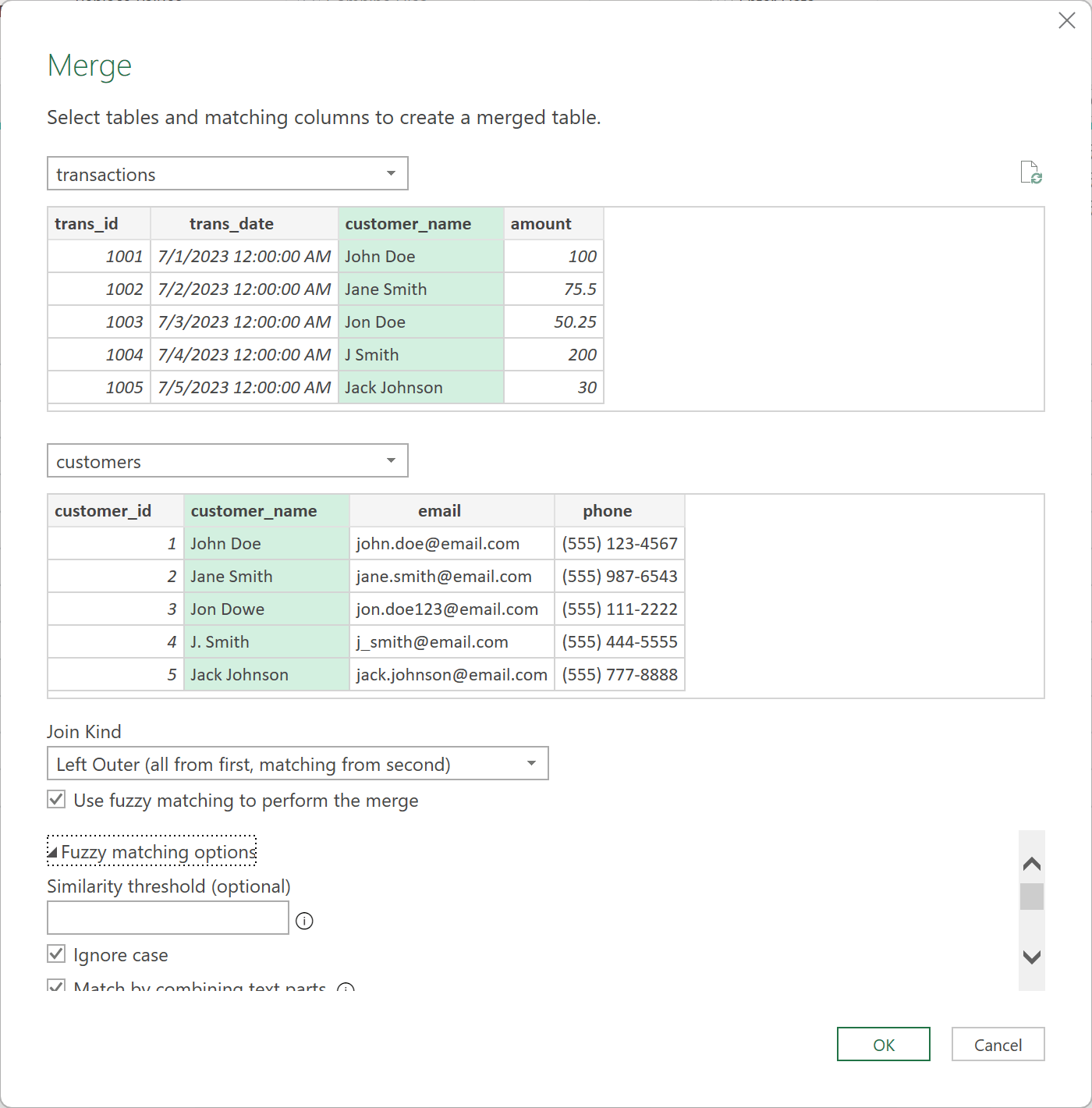 Fuzzy matching options 