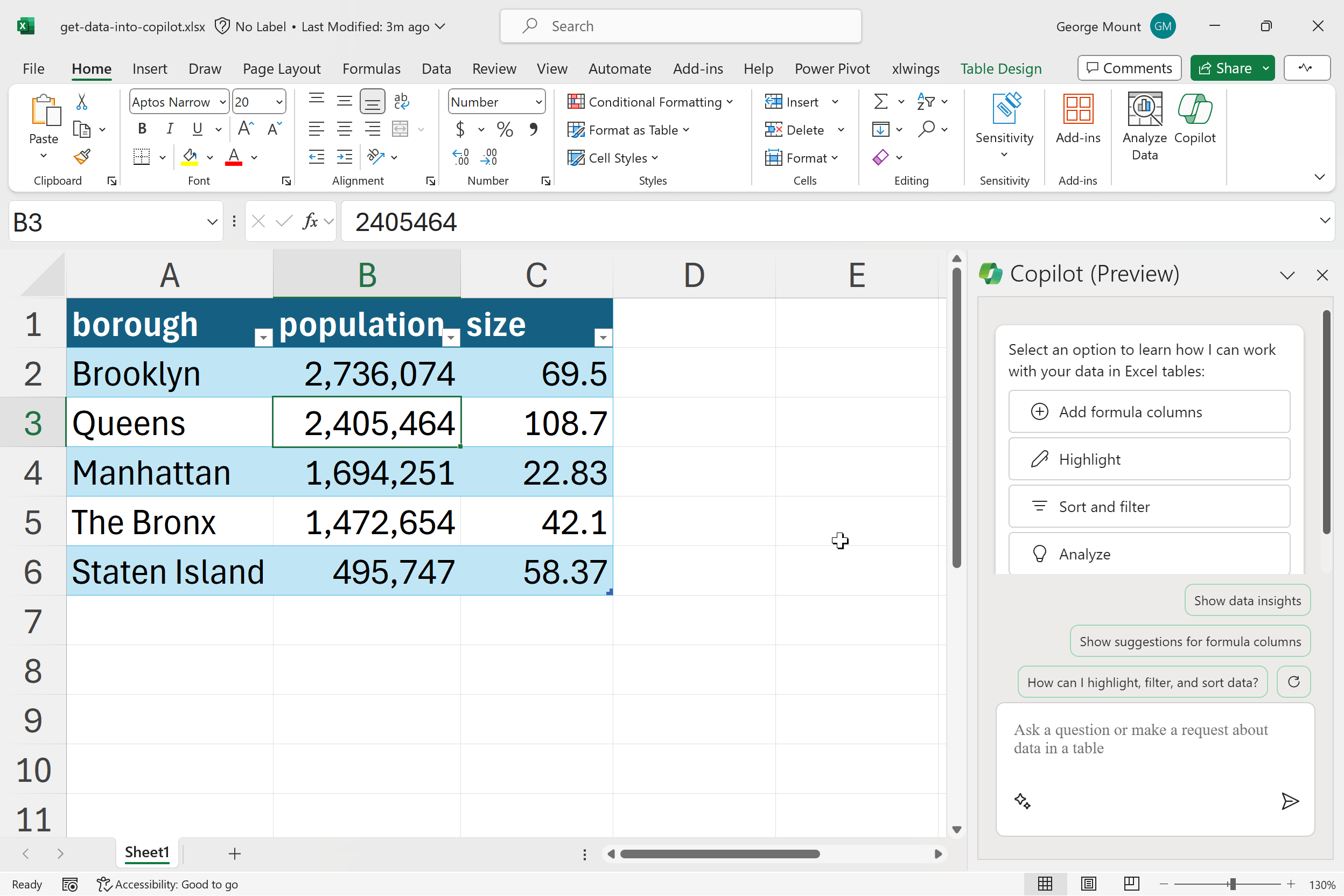 Data loaded into Copilot properly