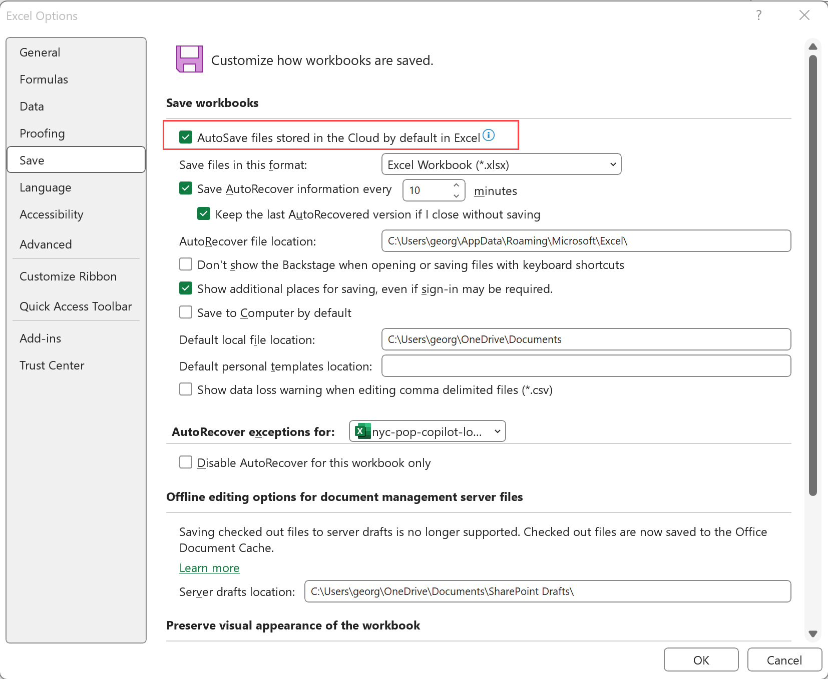 Turn AutoSave on Excel options