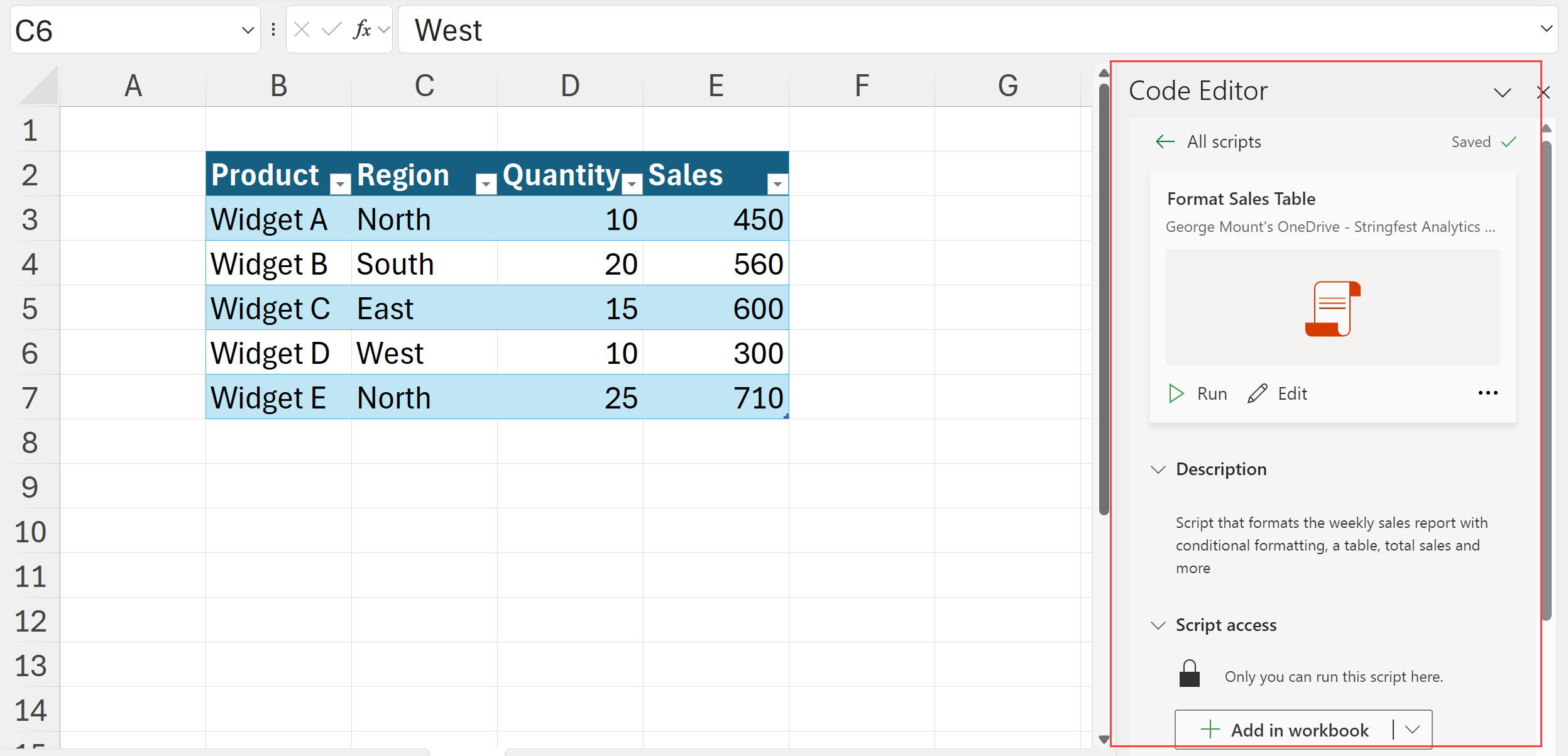 Office Scripts sharing and describing options 