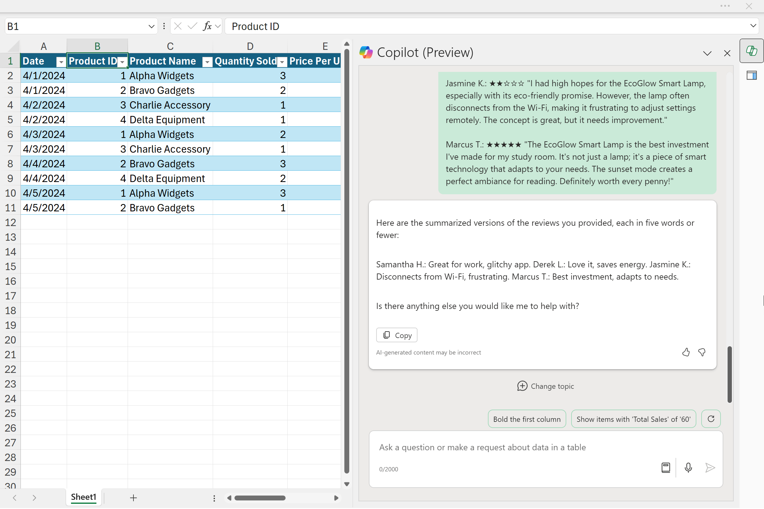 Summarizing reviews with Copilot