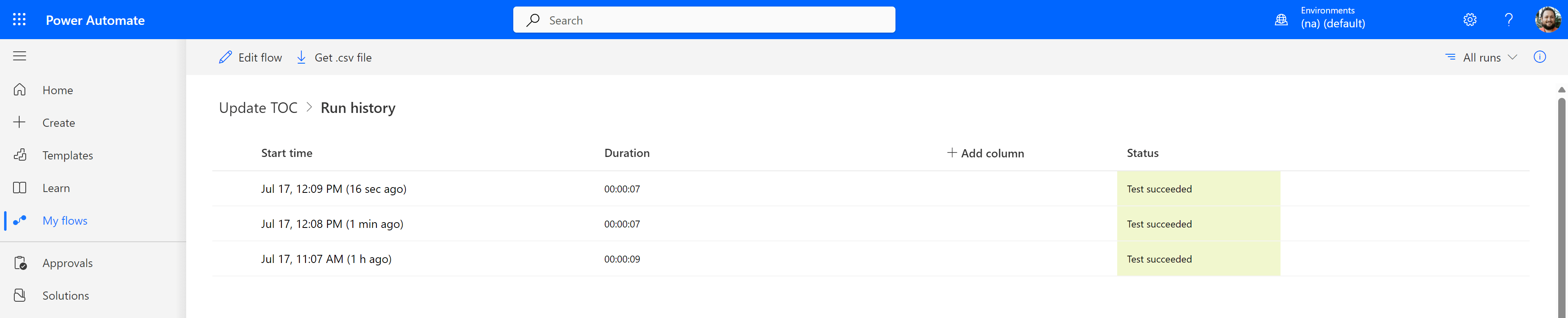Check flow history of Update TOC script
