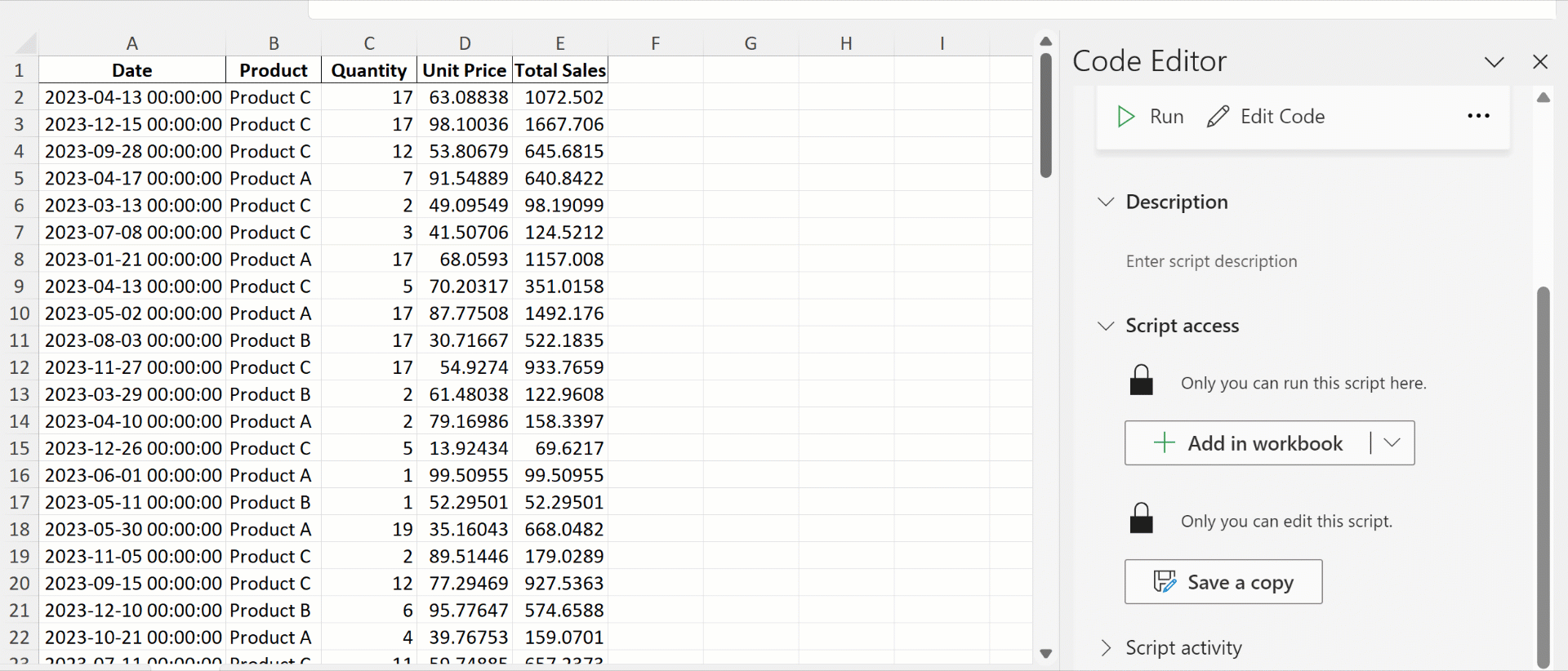 Add button Office Script Excel 