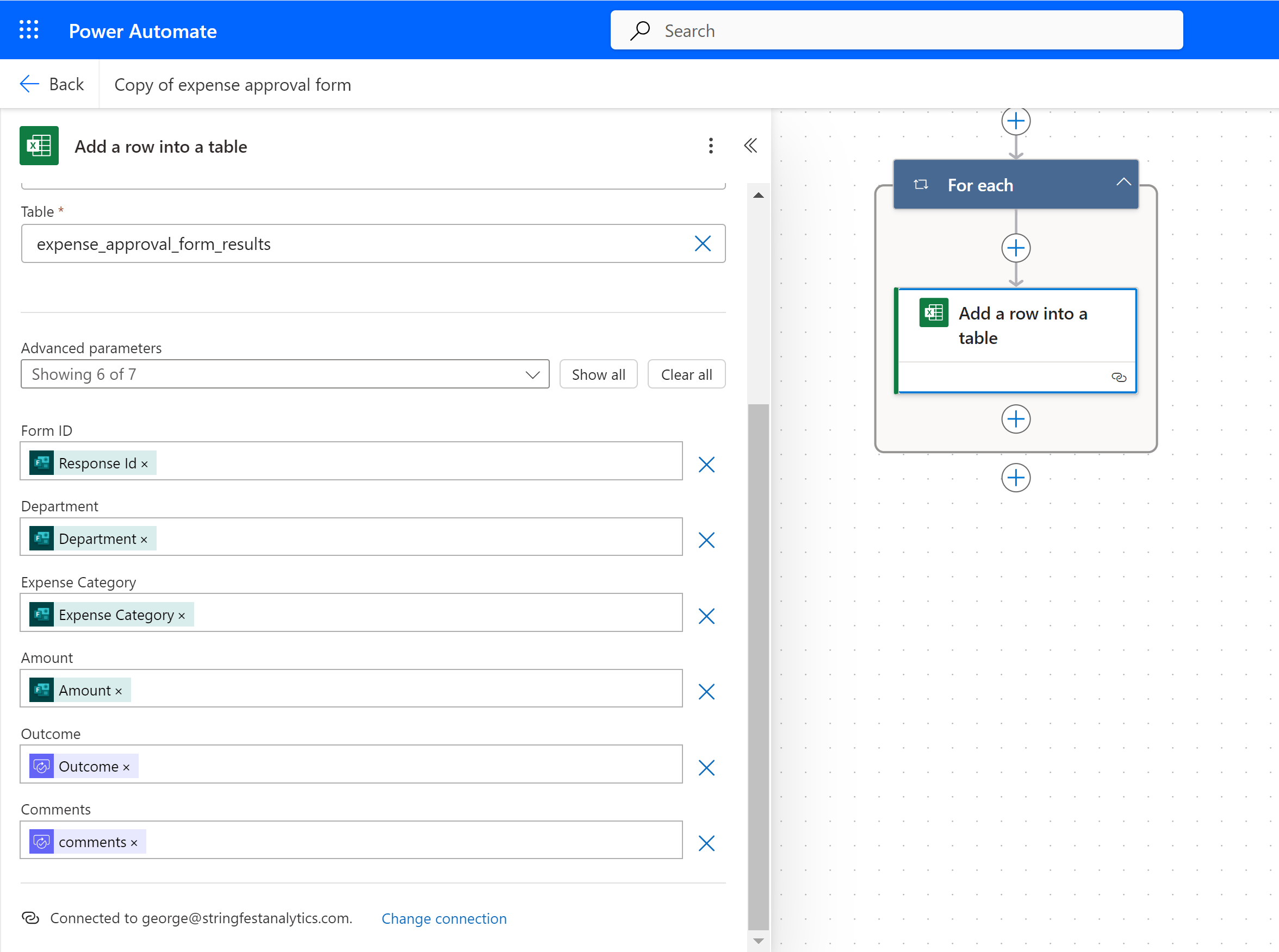 Power Automate fill in table expense form results 