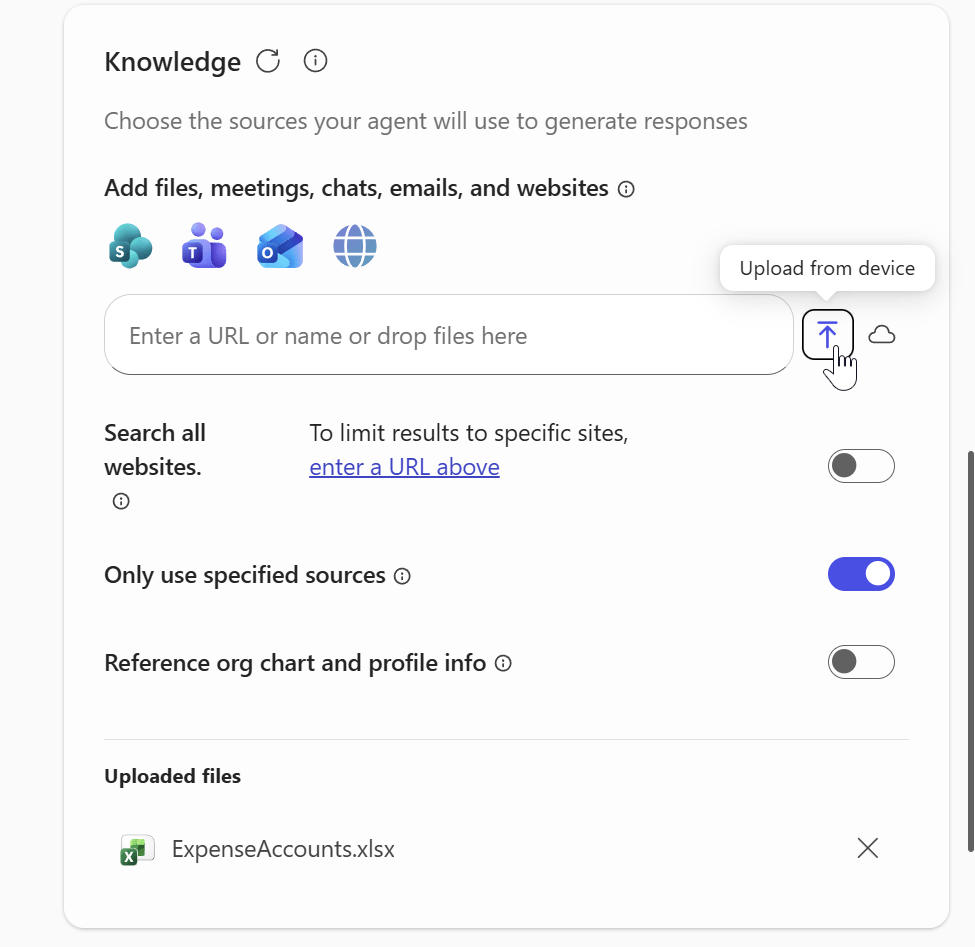 Choose knowledge source Copilot 365 Agent