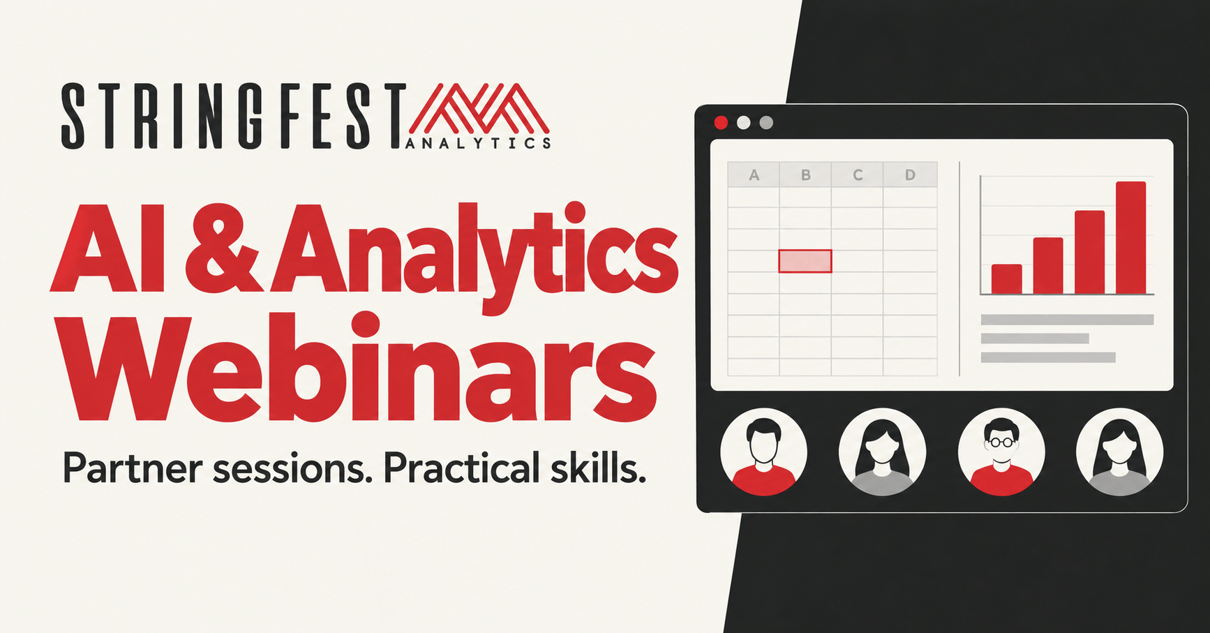 Stringfest Analytics: AI & Analytics Webinars. Partner sessions. Practical skills. Illustration of a business analytics webinar with participants.