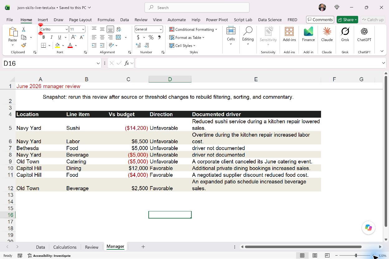Live Copilot Manager worksheet with five columns and the same eight selected rows