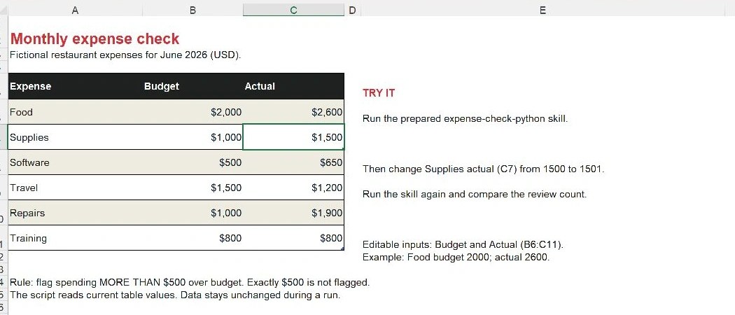Six fictional expenses in the Data worksheet, with Budget and Actual columns.