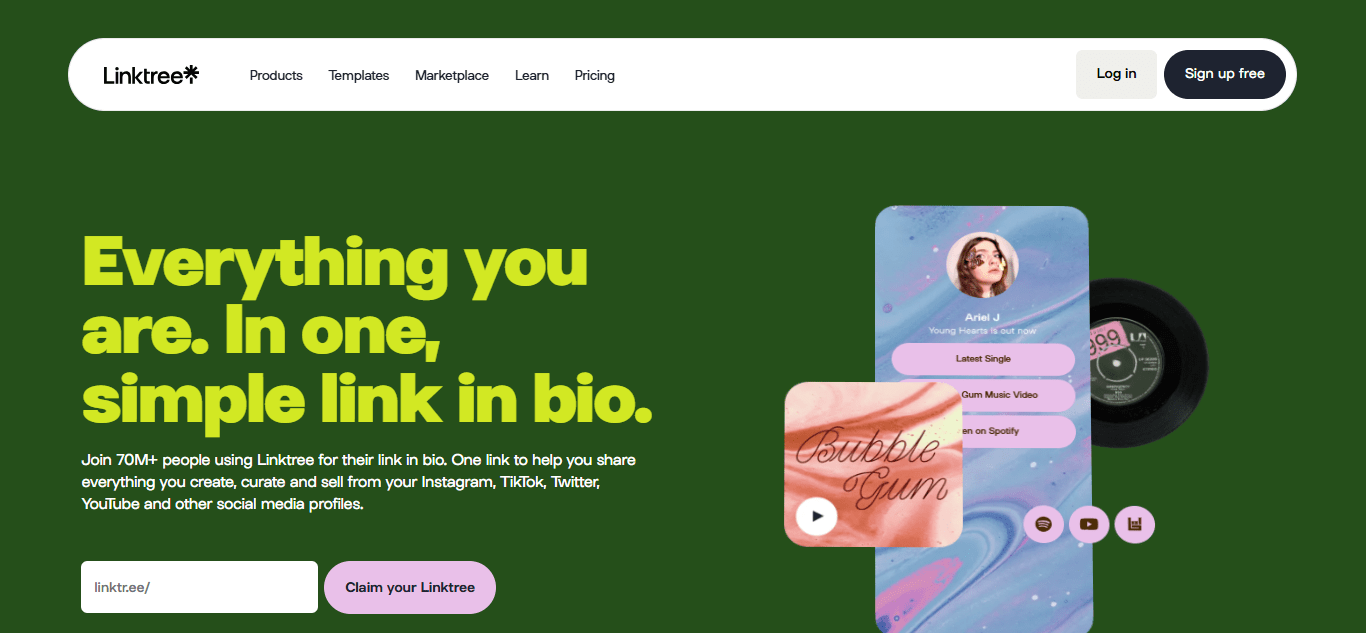 Homepage of Linktree
