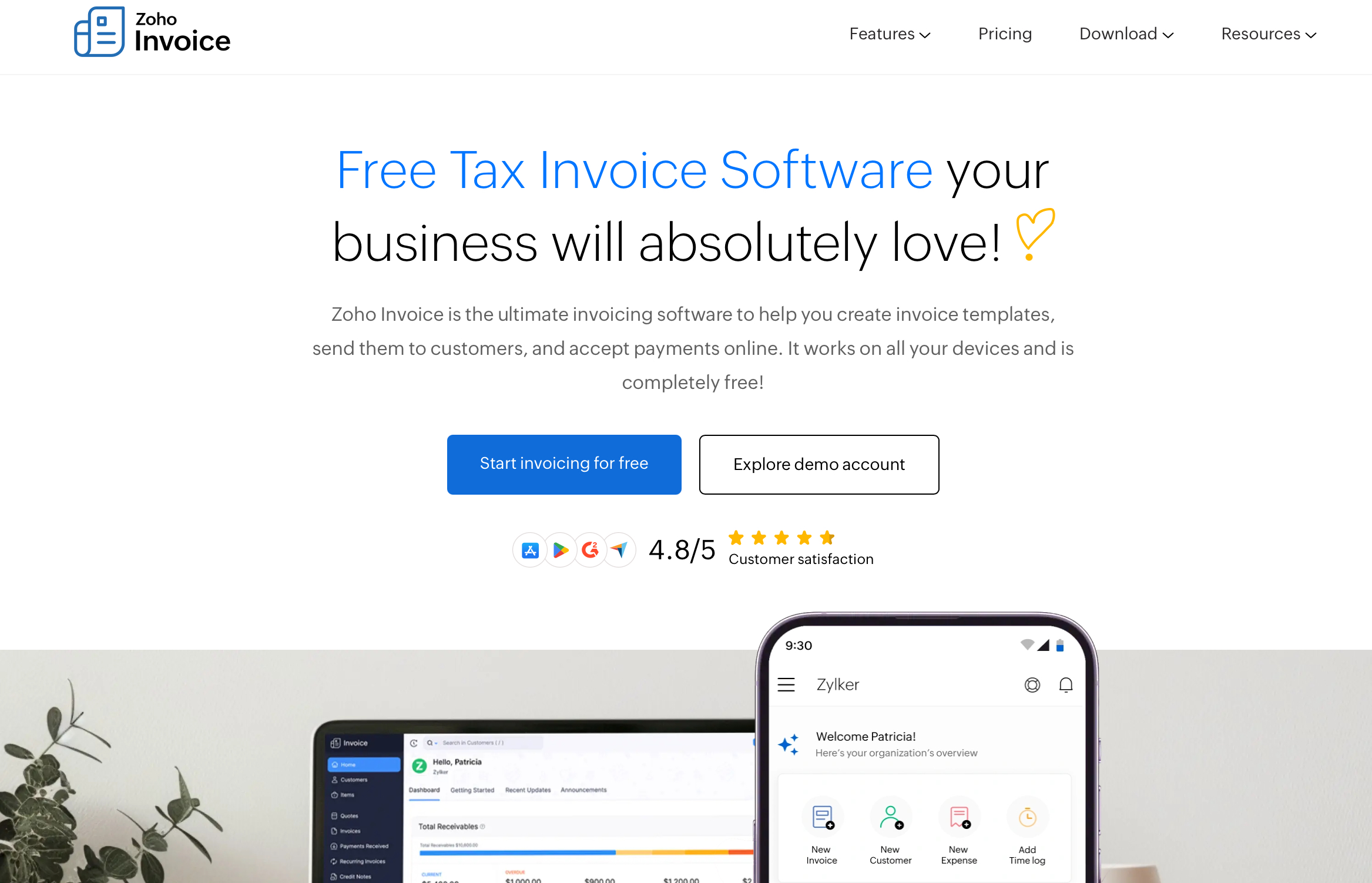 Zoho Invoice homepage
