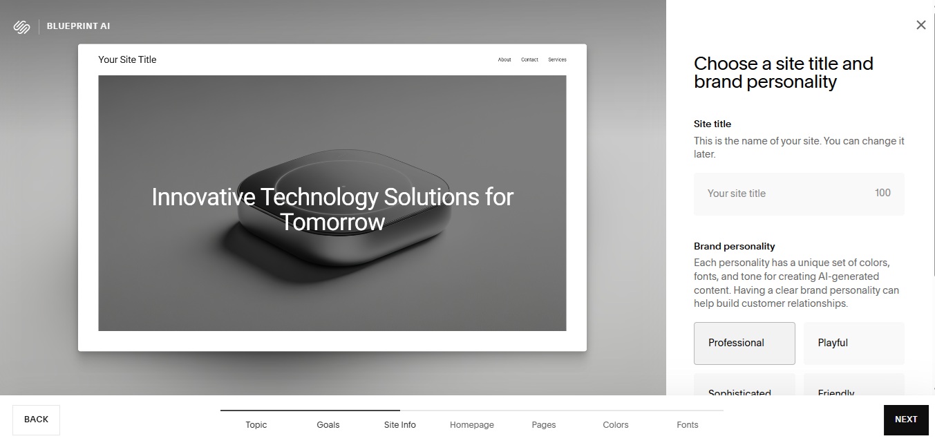Squarespace Blueprint’s setup screen showing the prompt to generate a website