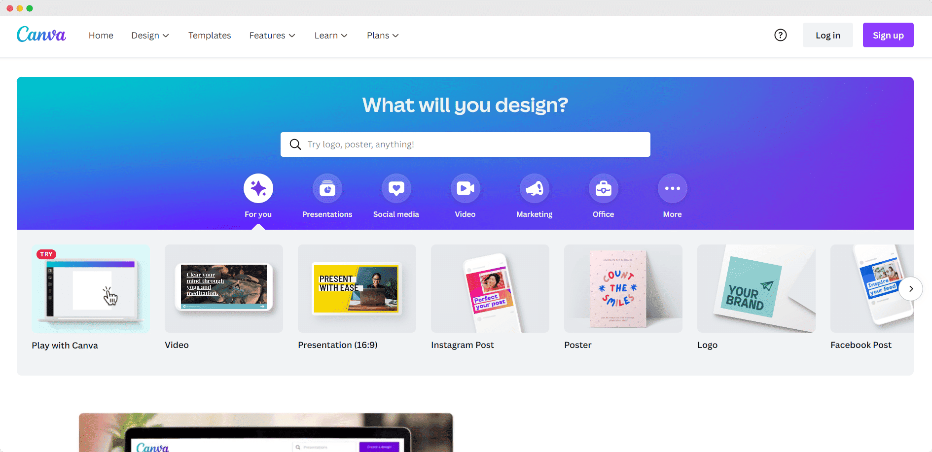 Canva homepage showing design options and templates