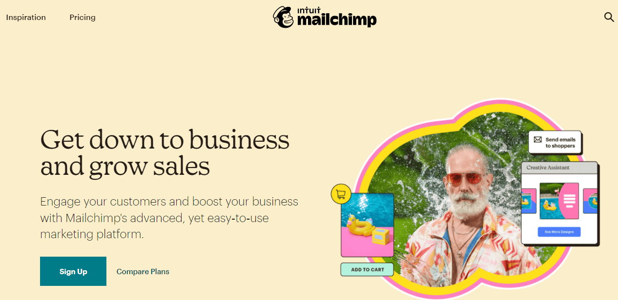 Mailchimp homepage showing marketing features