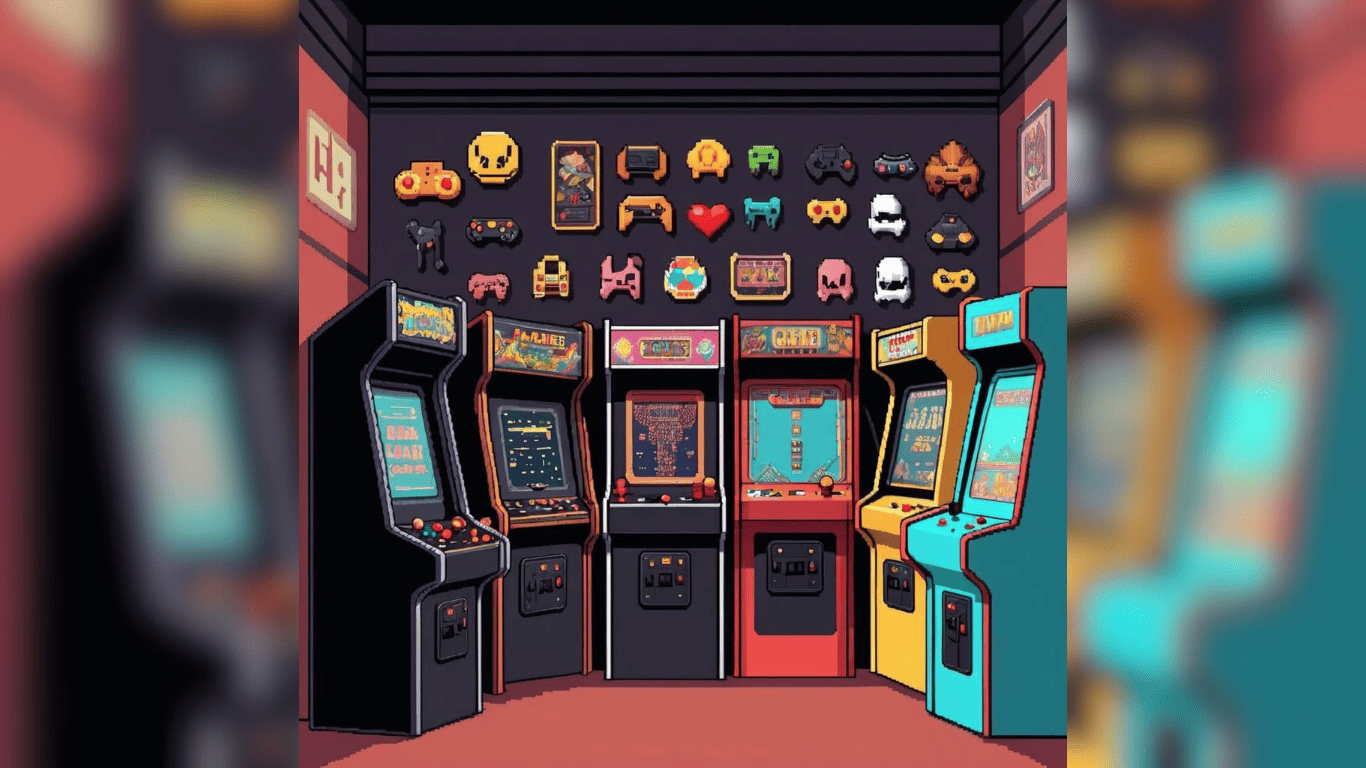 AI-generated image featuring a retro arcade in pixel style