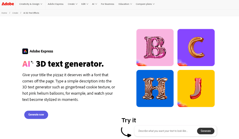 Adobe Express 3D Text Homepage
