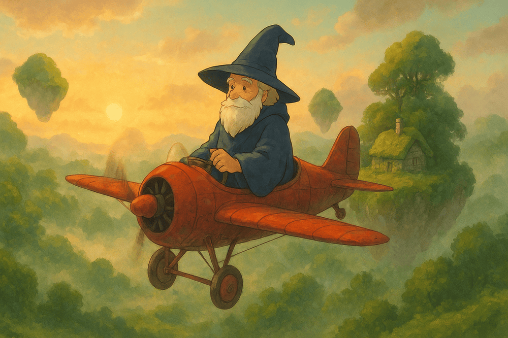 Elderly Wizard in a Magical Valley, Studio Ghibli-style