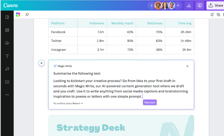 Canva Magic Write summarizing text content
