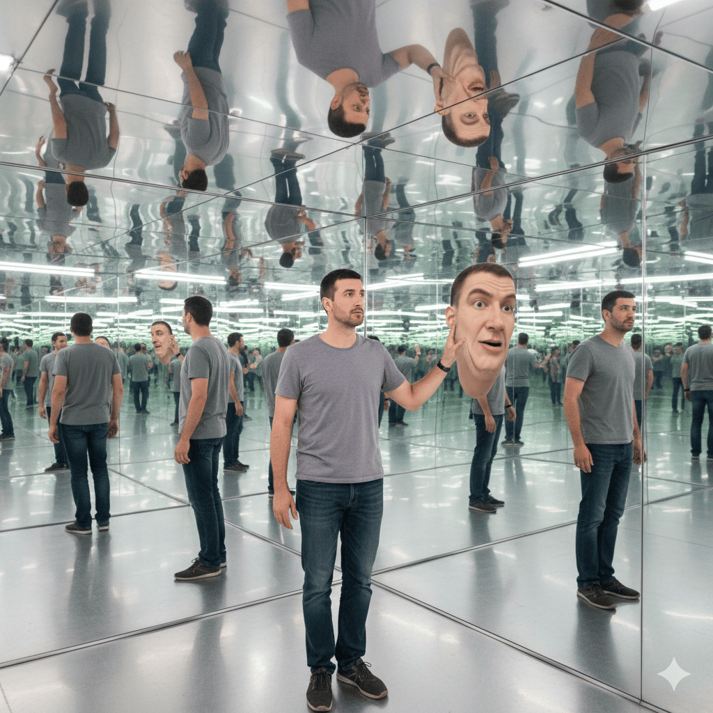 The reflection of the man is not consistent