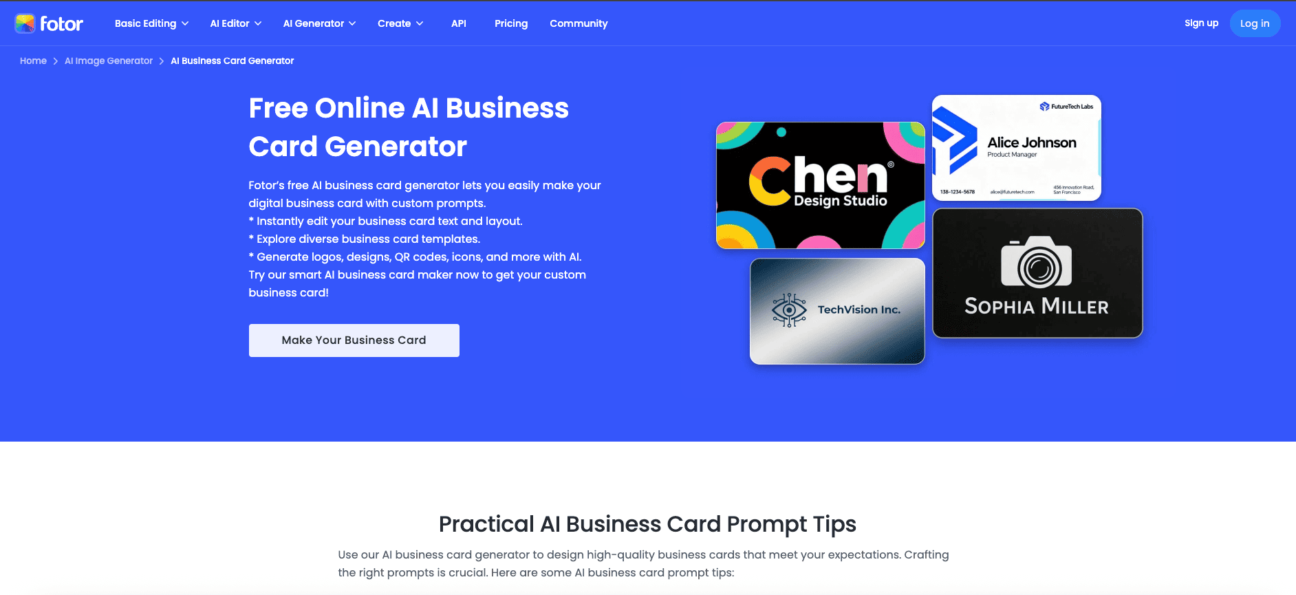 Fotor editor with creative AI business card layout suggestions