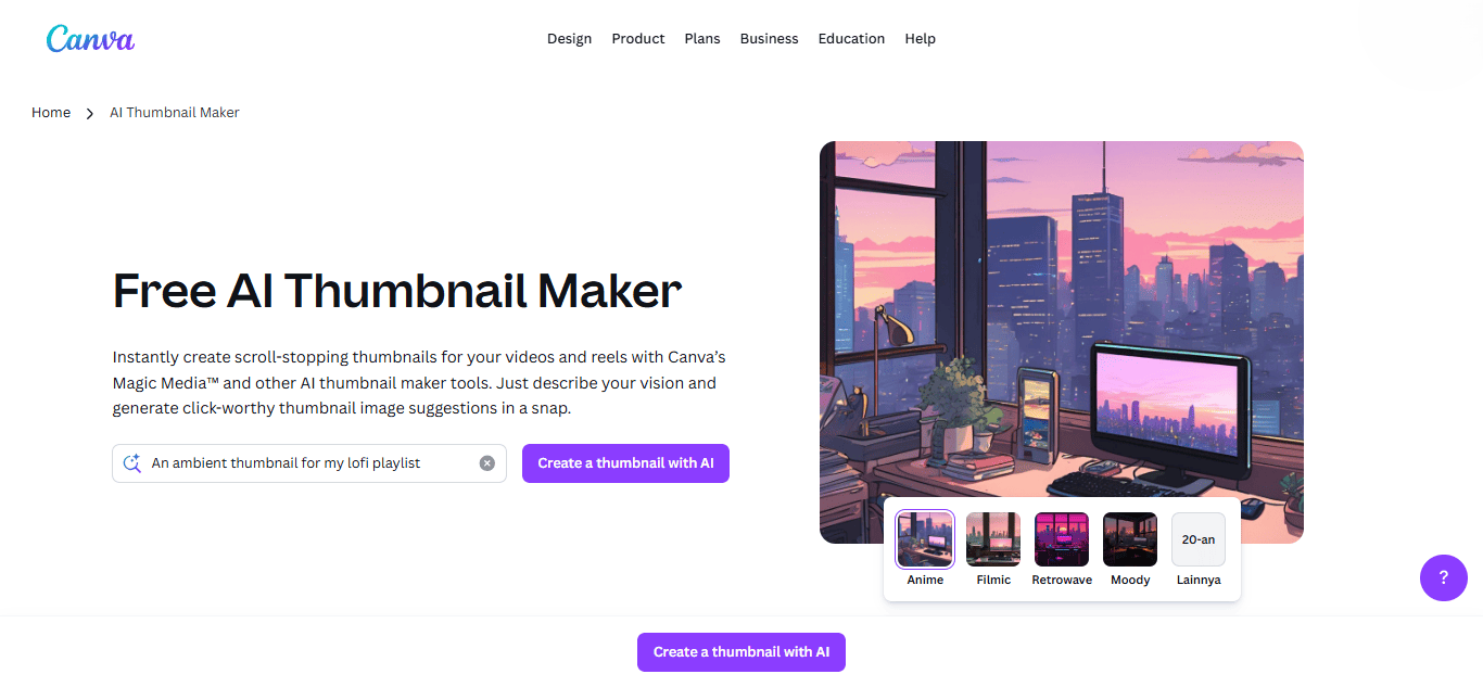 Canva AI workspace with thumbnail layout recommendations