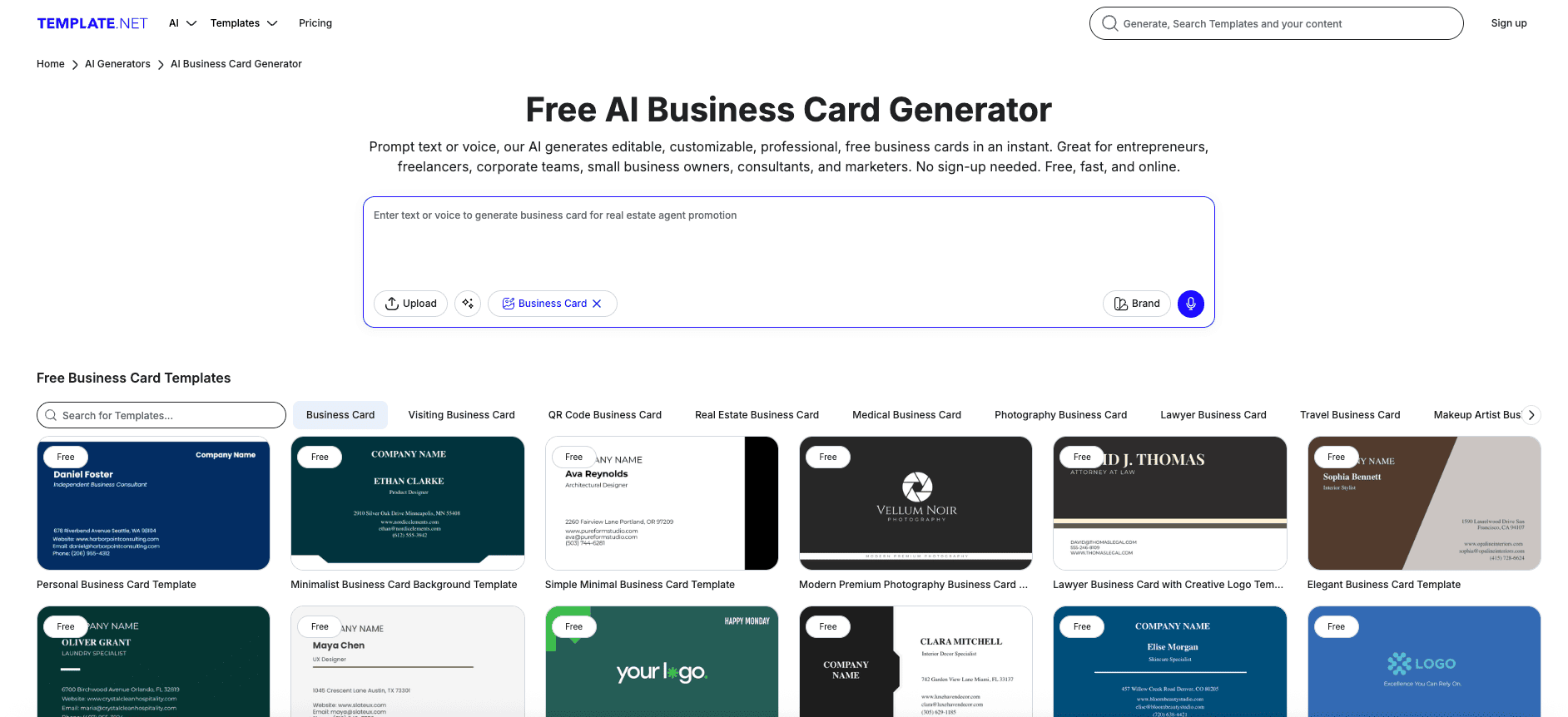Template.net AI generator homepage