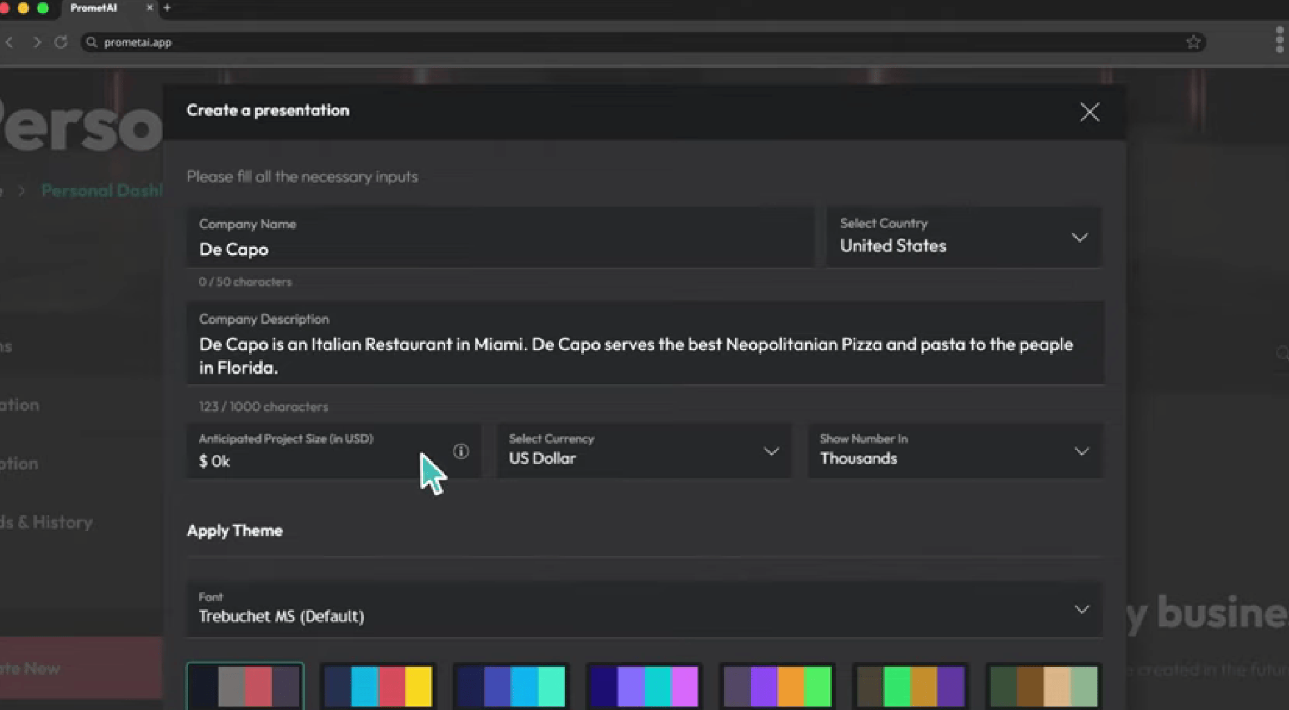 Create a presentation in PrometAI