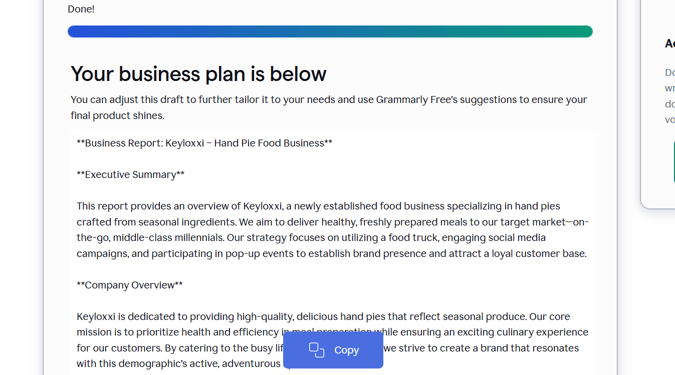 AI-generated business plan draft 
