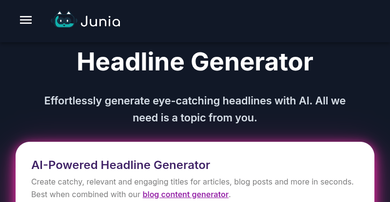 Junia AI Headline Generator Homepage