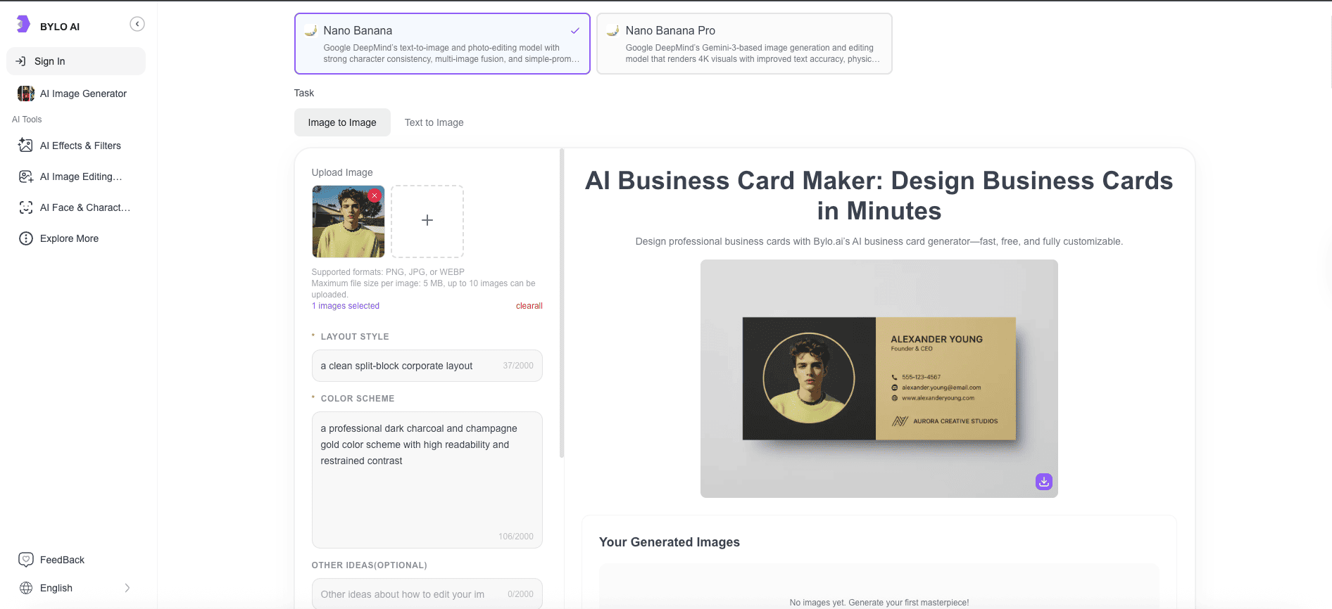 Bylo AI card design showing logo integration and brand elements