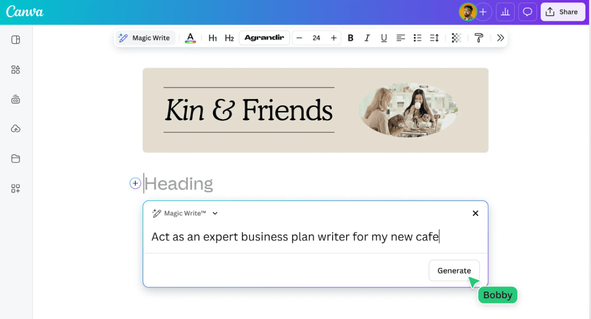 Magic write feature in Canva