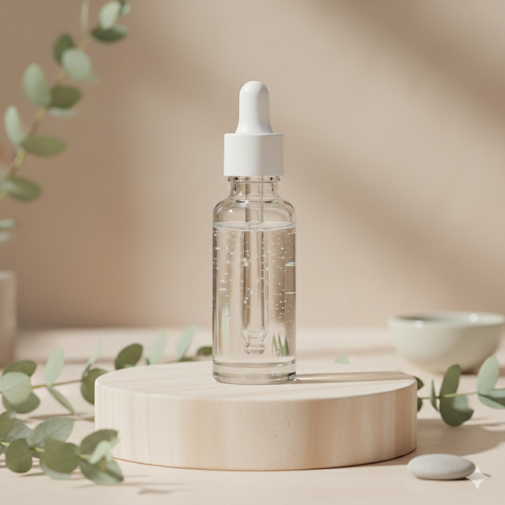 A glass serum bottle placed on a minimalist sandstone pedestal