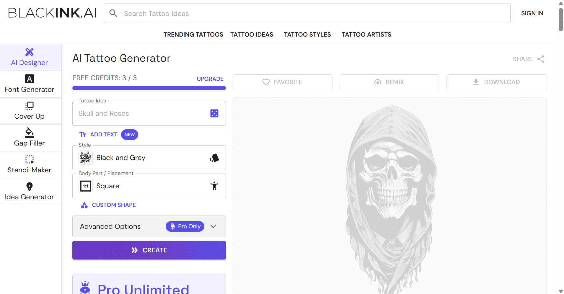 BlackInk AI homepage showing tattoo style generator interface and design presets
