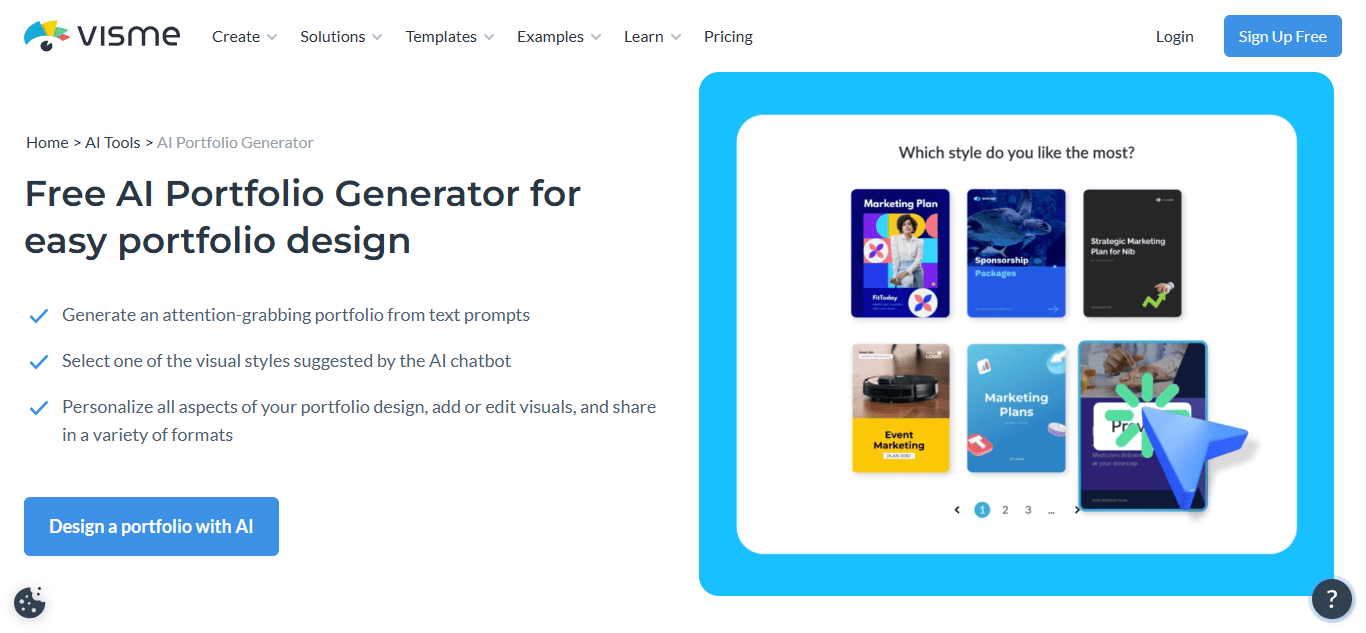 Visme AI portfolio generator interface 