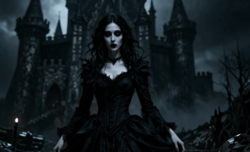 a picture of a gothic girl in an eerie atmosphere