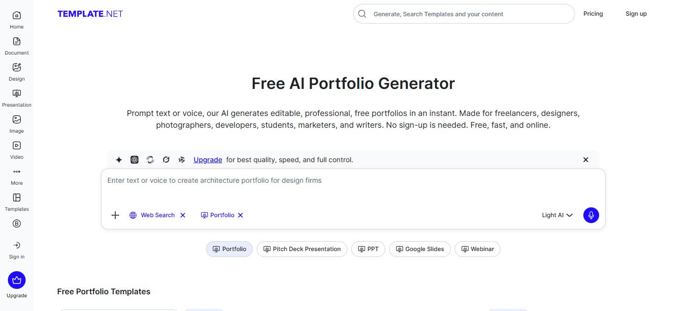 Template.net AI portfolio homepage