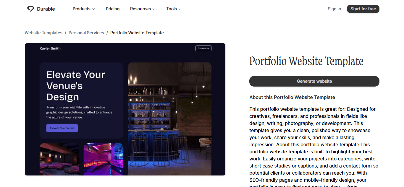 Durable AI portfolio template preview