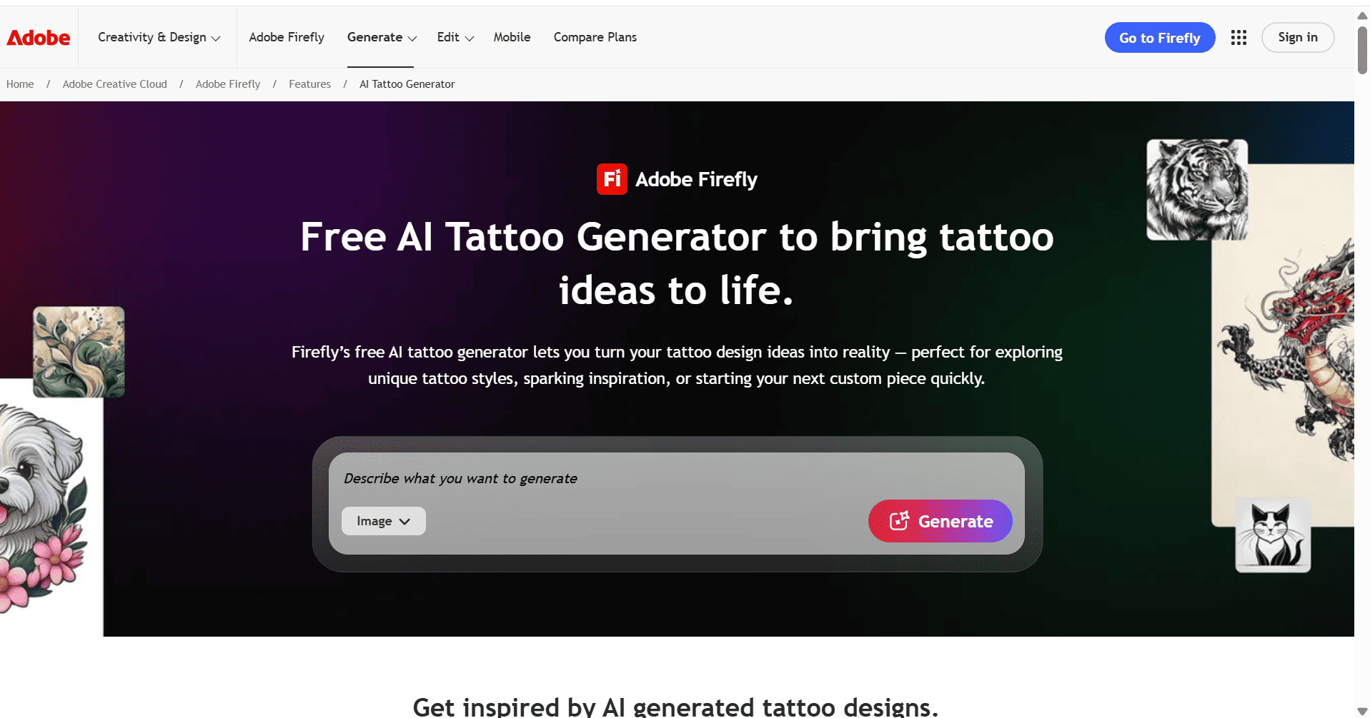Adobe Firefly homepage for creating AI-generated tattoo design