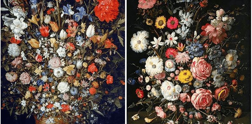An AI art vs human art comparison of two floral still-life paintings.
