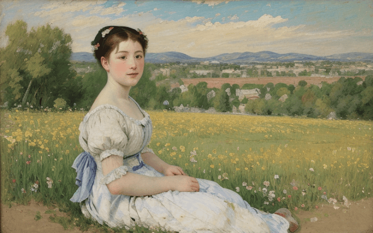 A classical-style painting of a young woman in a white dress
