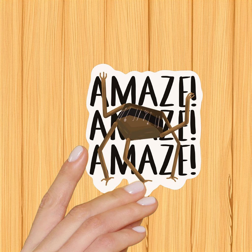 The sticker features the word 'AMAZE!' and Rocky of Project Hail Mary