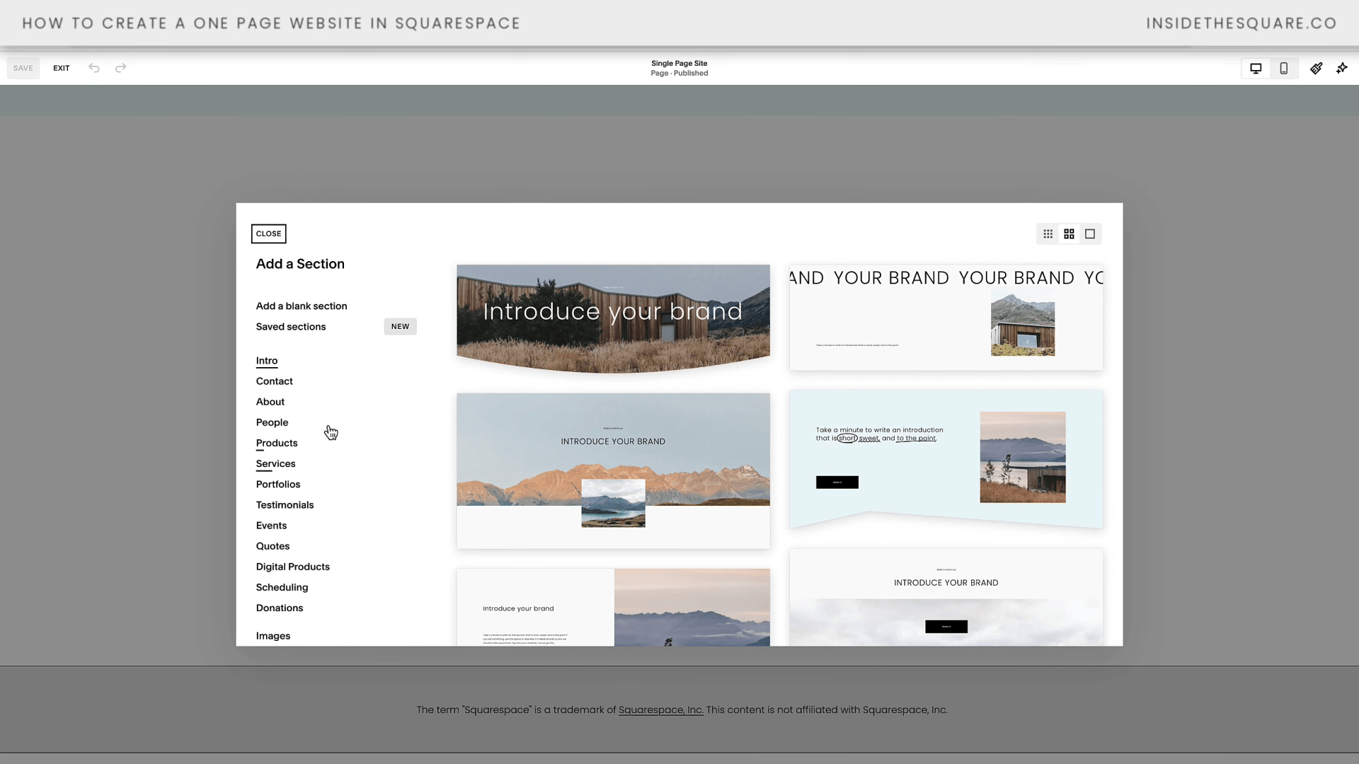Editing page in Squarespace