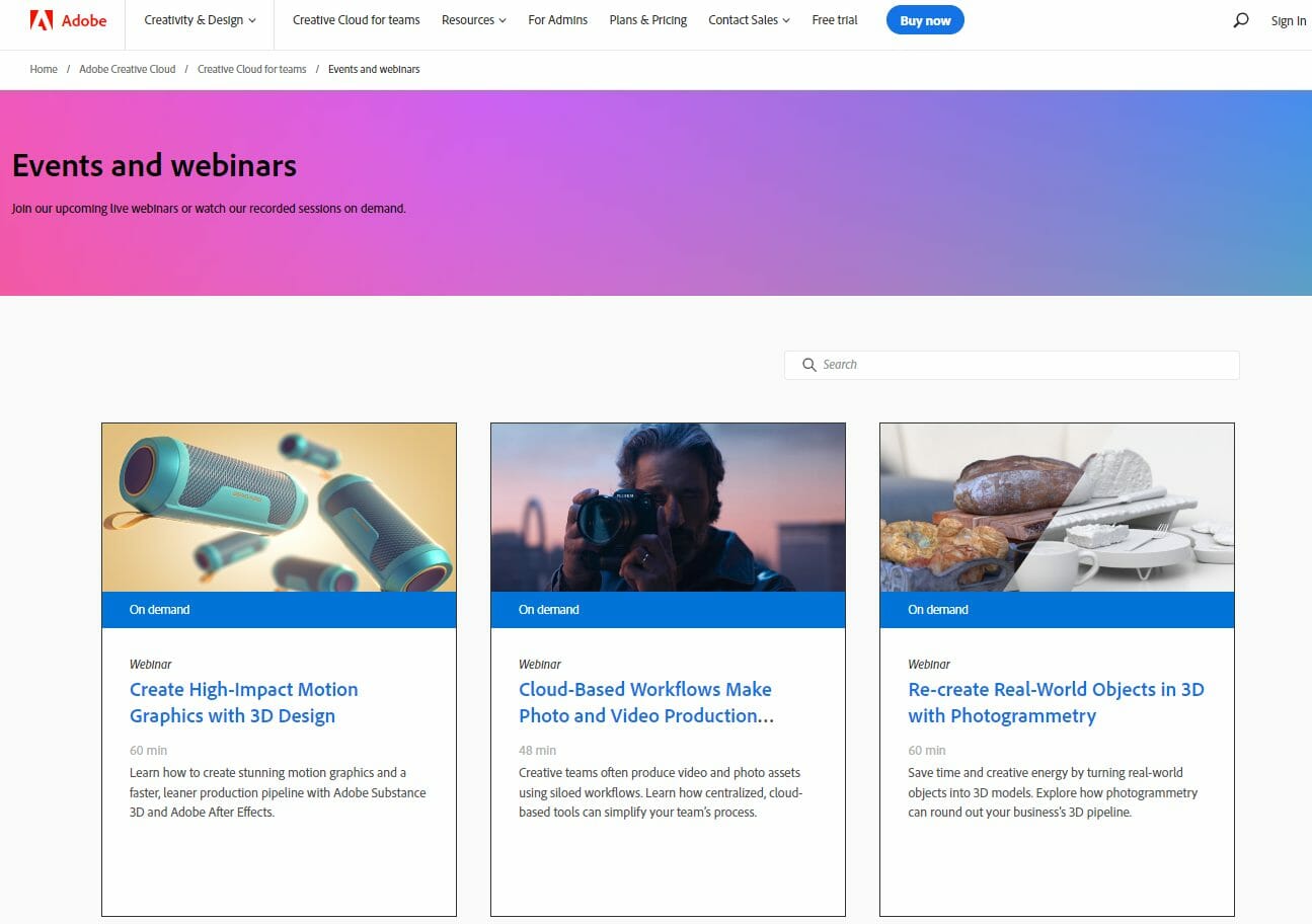 Adobe events page showcasing educational design webinars