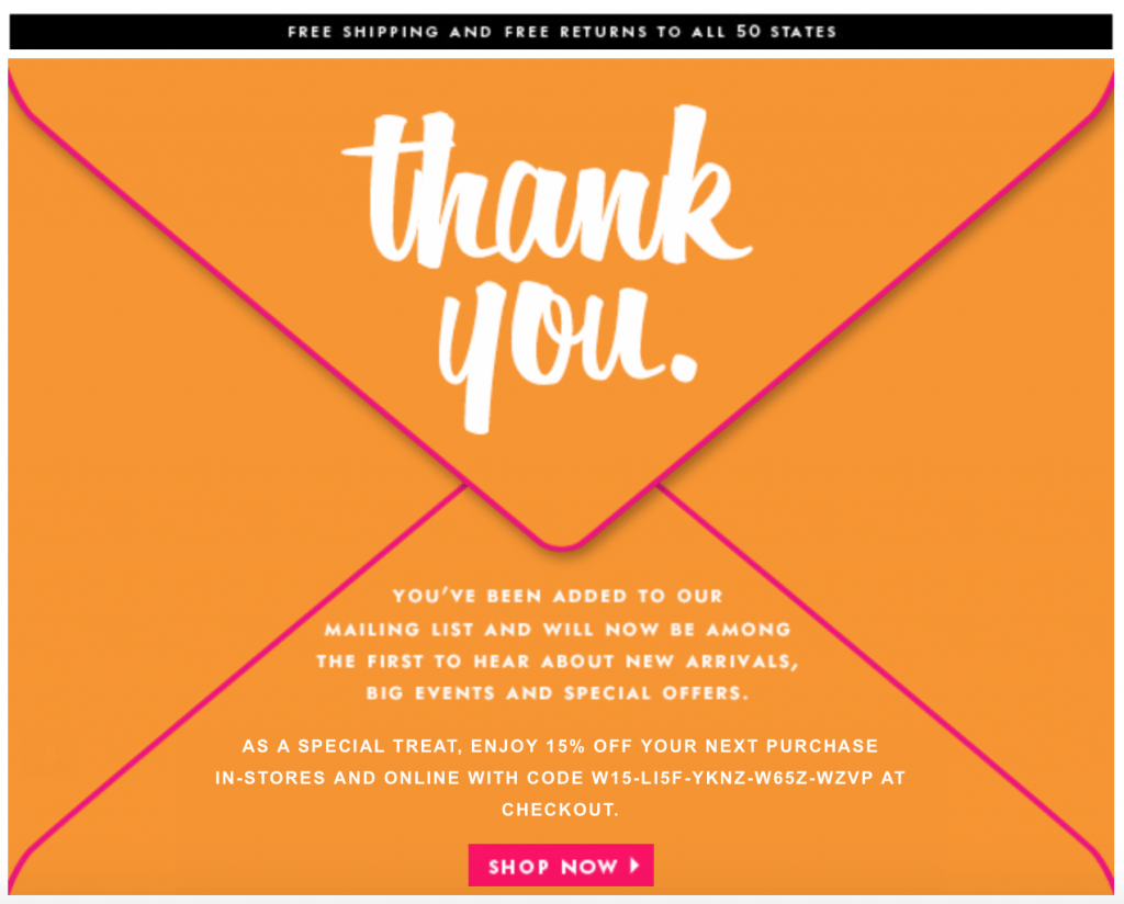 Kate Spade welcome email with subscriber discount