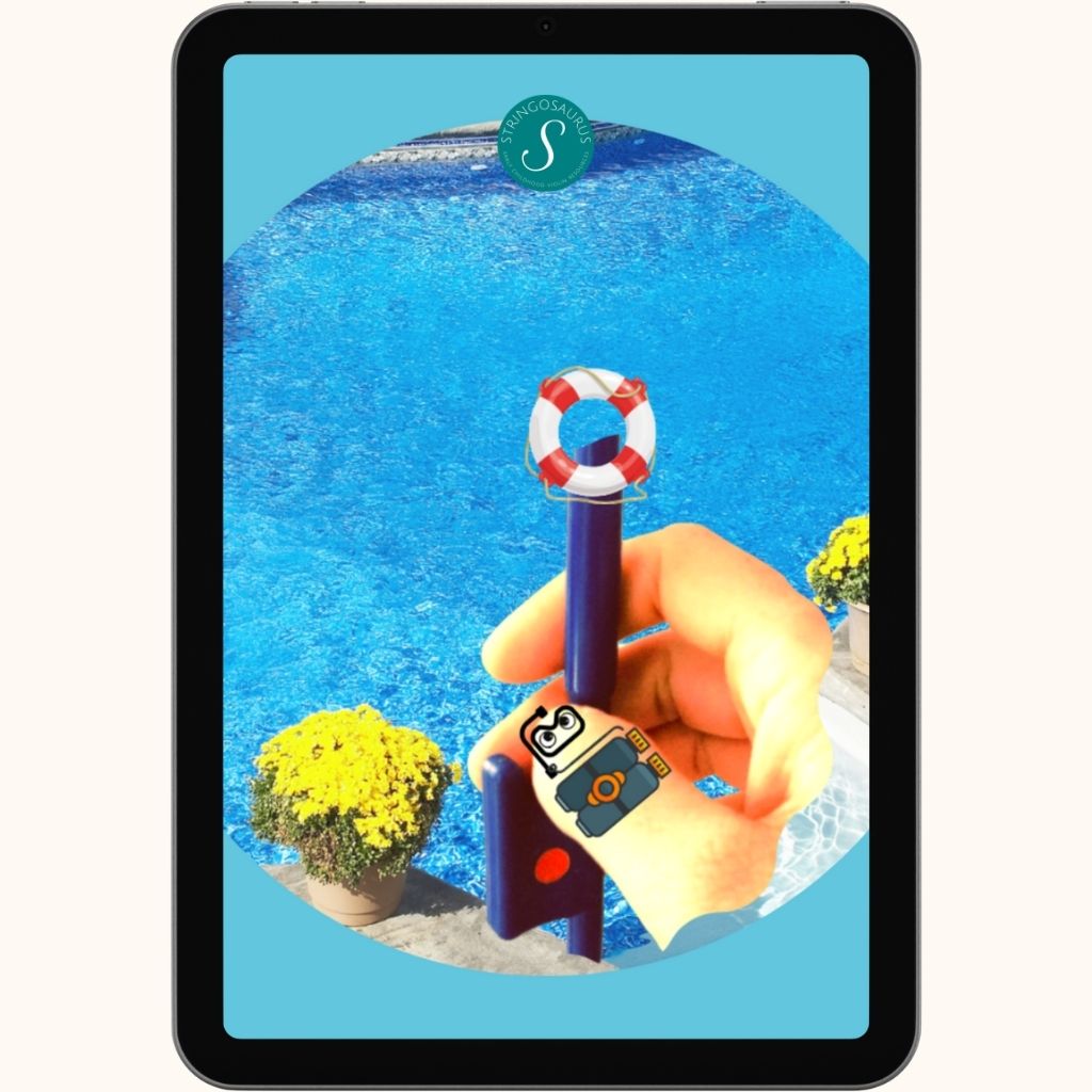 Hand curved and relaxed holding a mini violin bow with a pool life saving ring and water