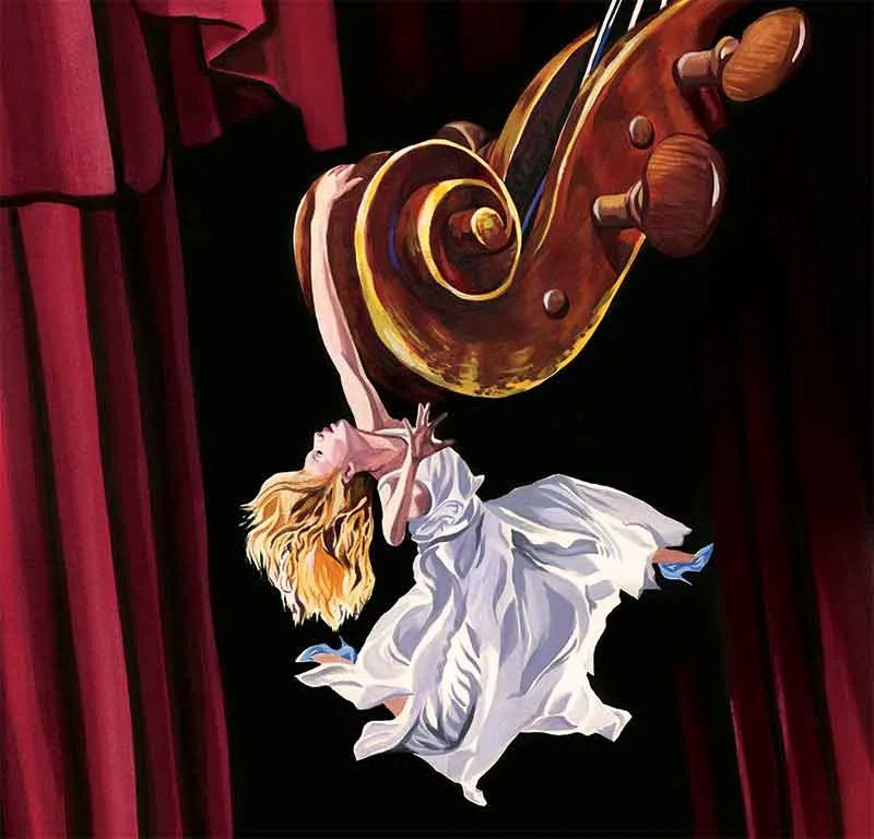 stage fright illustration of woman dangling from gigantic cello scroll
