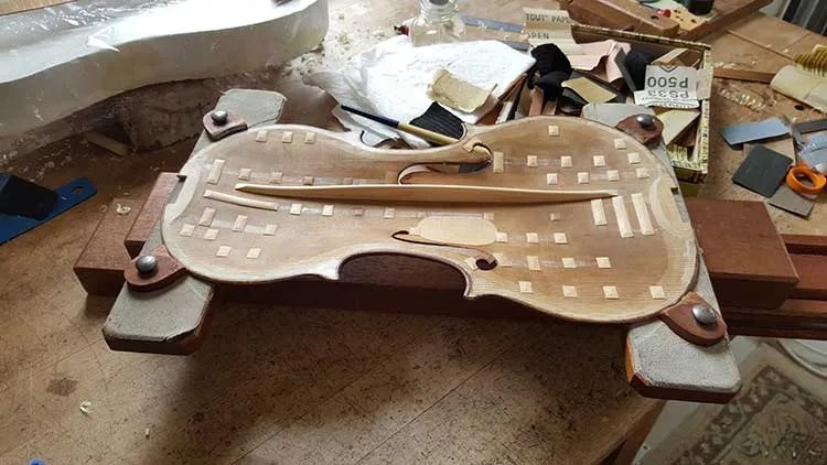 The top of a 1776 Gagliano violin with astonishing sound, Courtesy of Mark E. Russell