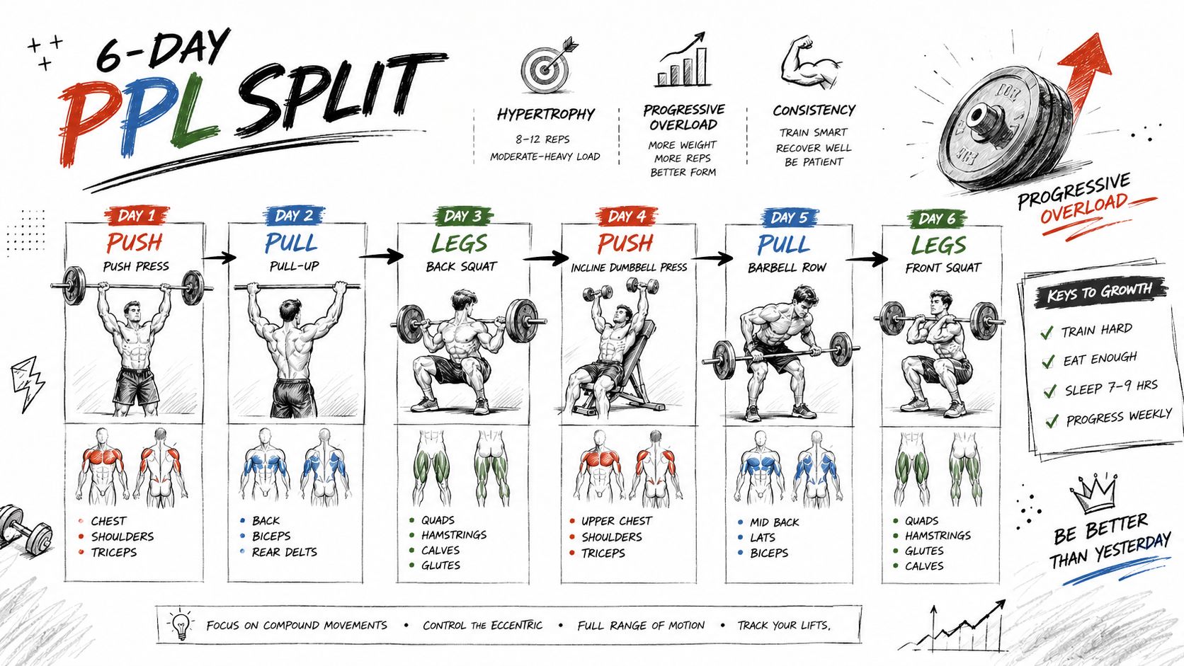 A detailed 6-day PPL workout split infographic illustrating push, pull, and leg exercises for muscle growth.